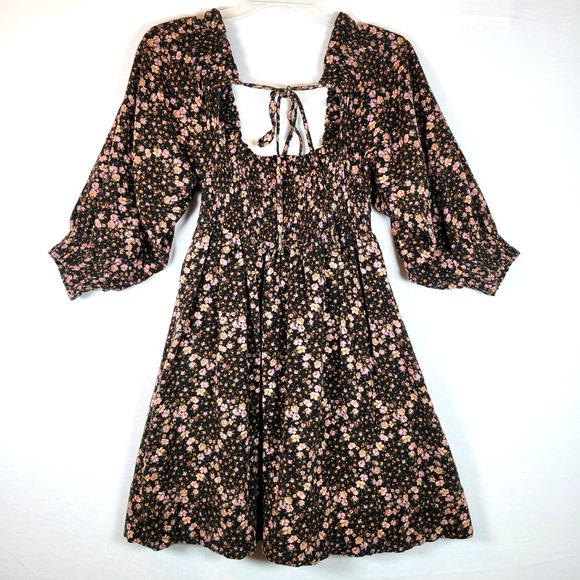 Free People Dresses & Skirts - Free People Womens This Is Everything Floral Smocked Mini Dress Size Small Black